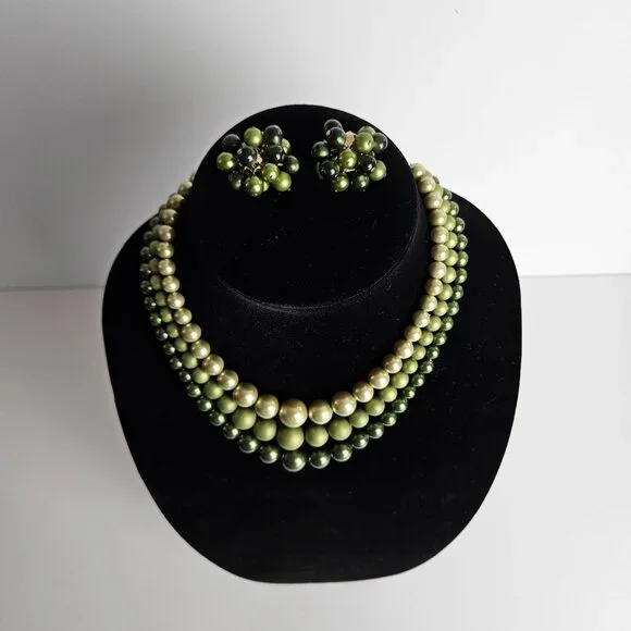 Vintage Olive Green Ombre Faux Pearl Necklace & Clip-On Earrings Set – 17" - Picture 2 of 16